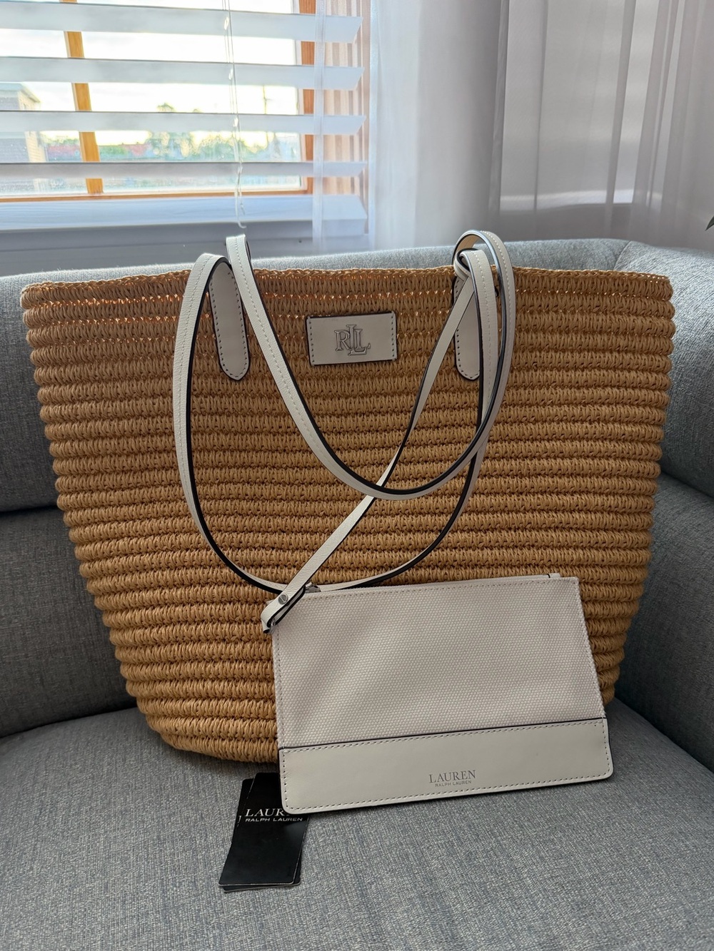 LAUREN RALPH LAUREN Brie Leather-Trim Straw Raffia Medium Tote Bag Estate White